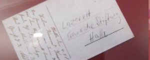 Postkarte für die Ausstellung Mit Gott für Kaiser und Vaterland. Die Franckeschen Stiftungen in 1. Weltkrieg. in den Frankeschen Stiftungen. 2 Exponate von Hern Motzki, Komponist der Silberhöhe-Hymne